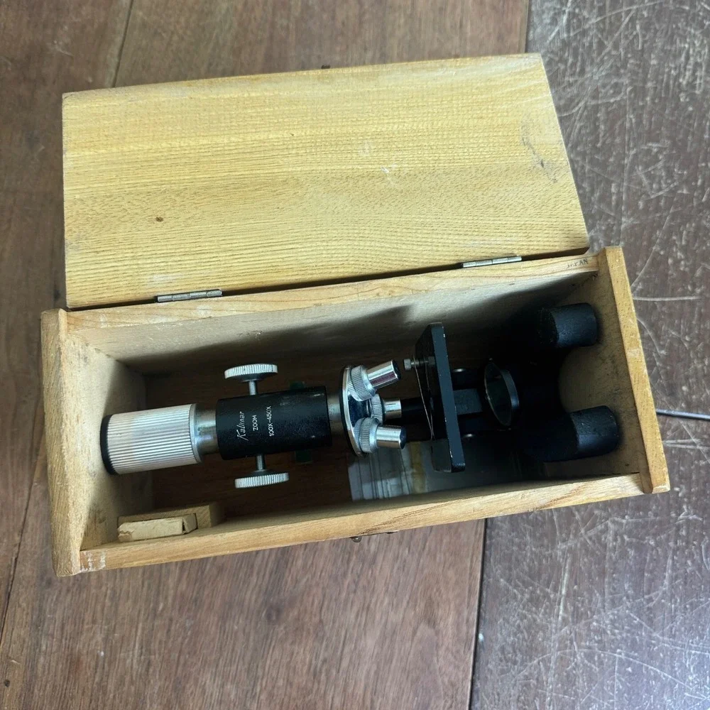 Kalimar zoom 100x - 450x microscope VINTAGE Glass Slides‎ Wood Box